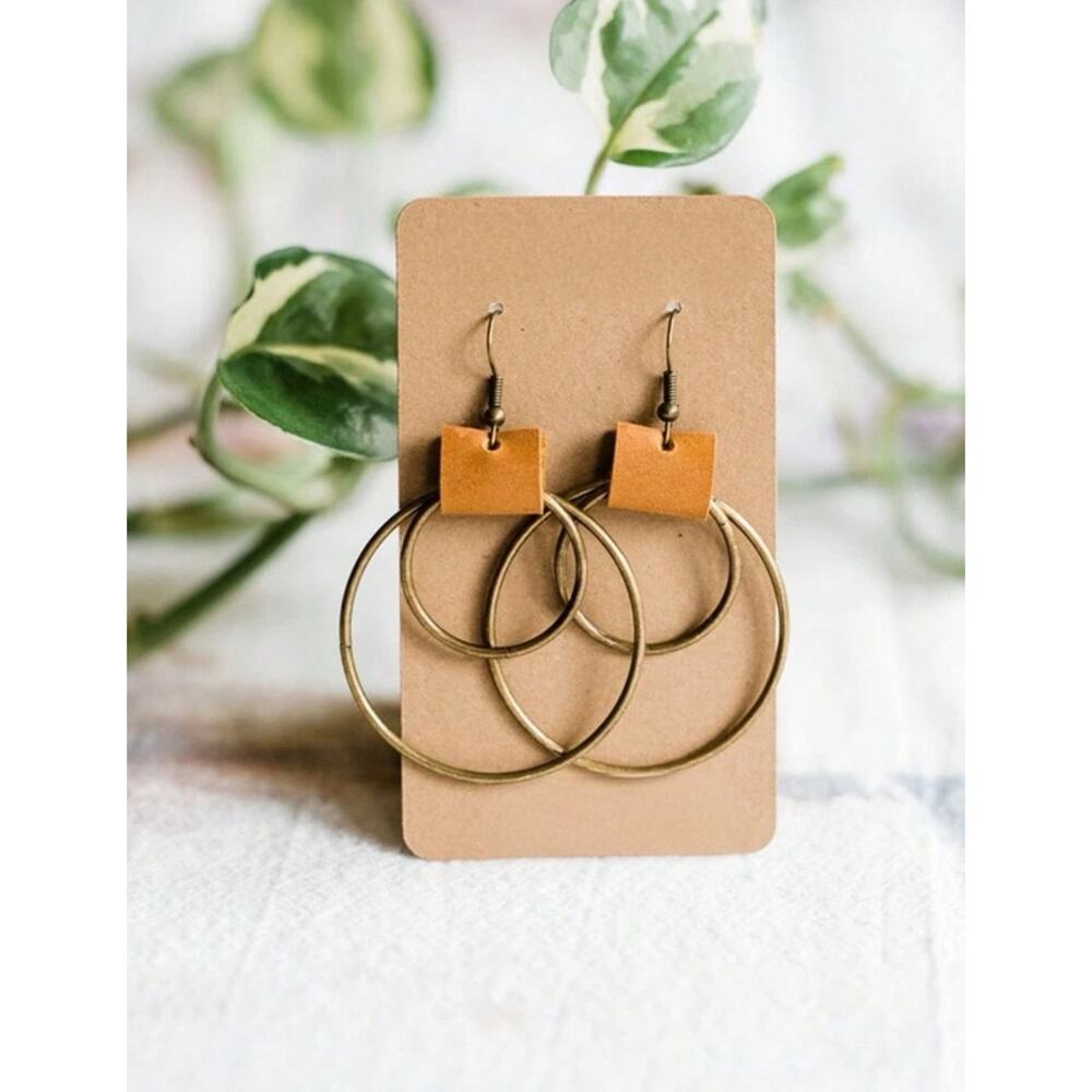 Bronze & Leather Hoop Earrings, Western Boho Double Gold Rings, Hypoallergenic